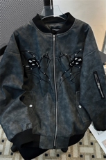 美式蜘蛛刺绣复古做旧PU皮衣飞行员夹克秋新款棒球服潮牌外套男，男装夹克，星座505-2（原电商A260-1)
