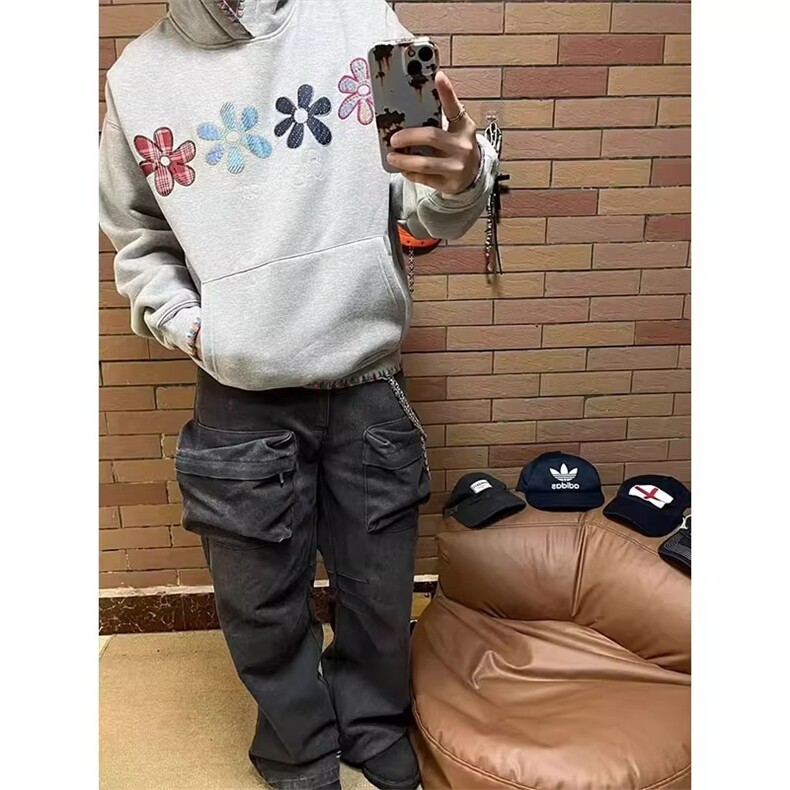 美式高街帽衫刺绣花朵卫衣秋冬情侣装连帽外套Aw13-P50图片