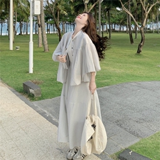 【已出货】青灰色娃娃领灯笼袖套装2C110-H9703-P165-K238，女装套装/套裙，2C110