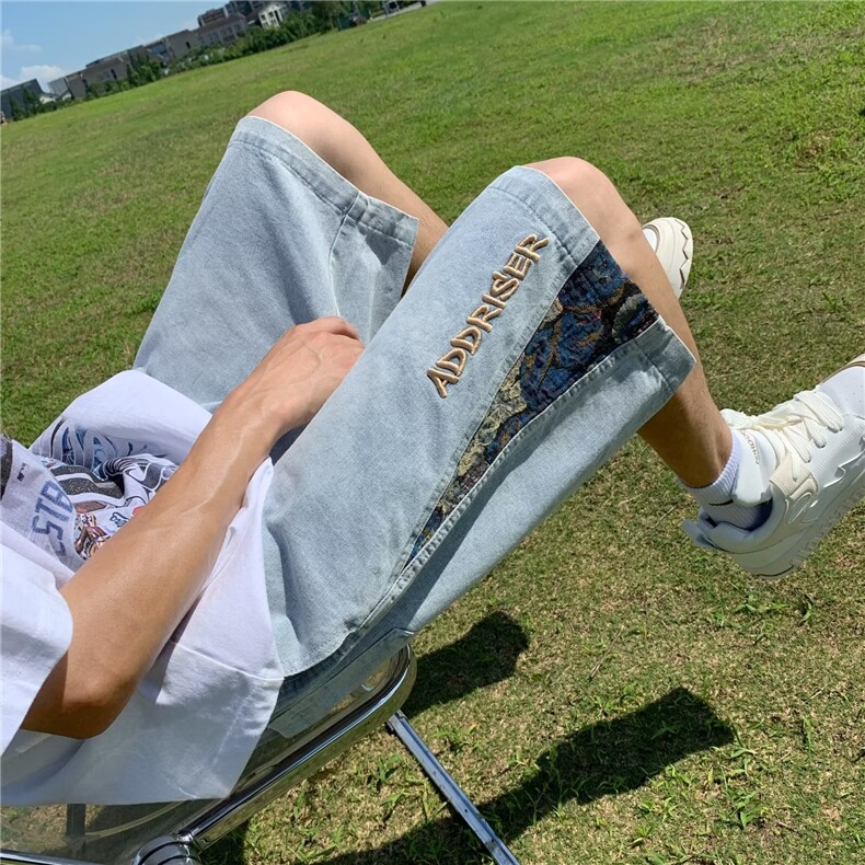 刺绣拼接牛仔短裤男款宽松直筒痞帅裤子夏季潮牌高街五分裤,男装牛仔裤,星座410-7