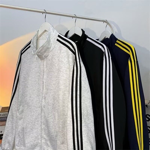 复古撞色三条杠立领外套男士春秋季宽松卫衣休闲运动男女夹克图片