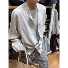 现货亚麻长袖衬衫男夏季韩系港风复古宽松休闲垂感衬衣LS2900-P43，男装衬衫，星座1008