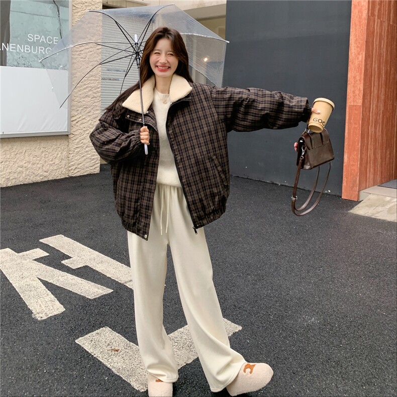 复古格子羊羔毛翻领羽绒服女2025冬季短款加厚面包服宽松保暖外套,女装羽绒服,艾米莉亚