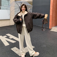 复古格子羊羔毛翻领羽绒服女2025冬季短款加厚面包服宽松保暖外套，女装羽绒服，艾米莉亚