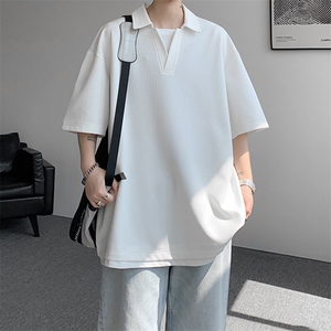 8XL-M假两件V领短袖t恤男夏翻领半袖宽松重磅华夫格大码DT001P40图片