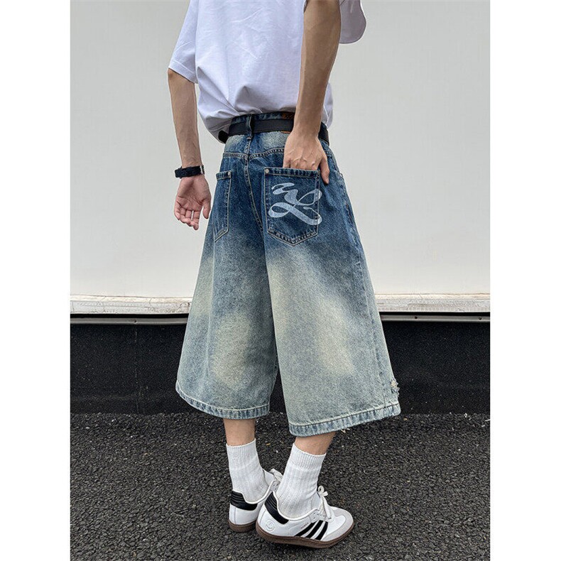 美式高街设计感渐变牛仔裤子男女款水洗破洞阔腿七分裤D0342-P50,男装牛仔裤,星座308B-1