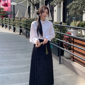 优雅新中式立领提花衬衫修身显瘦长袖上衣搭配高腰马面裙图片