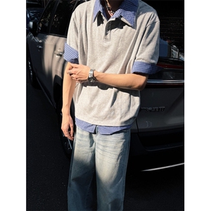 得物抖音高品质二开夏季美式潮牌高街假两件格子衬衣翻领短袖T恤,两岁的女娃光头穿搭图片