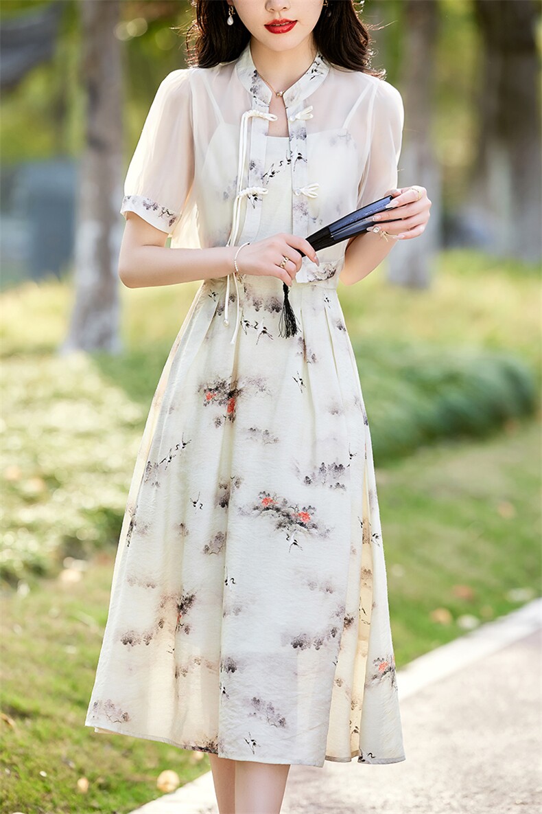 2024年夏季新款复古透气网纱短外套套裙盘扣水墨画连衣裙套装,女装套装/套裙,初闻兮