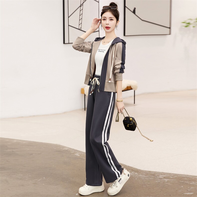 现货-休闲时尚套装女2023春季新款洋气减龄气质百搭阔腿裤两件套,女装运动套装,然然