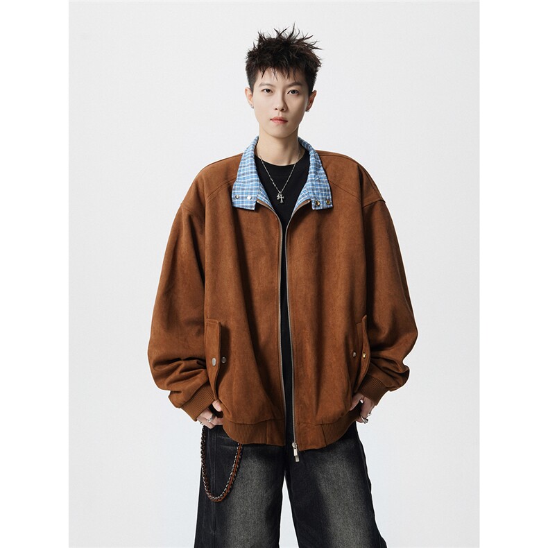 可二开格子拼接麂皮绒M-5XL大码两穿宽松夹克男JK78114P75控128，男装夹克，星座227-7