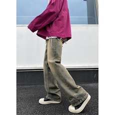 美式高街复古水洗泥巴黄宽松微喇牛仔裤B315-K24017-P60控78，男装牛仔裤，电商B315