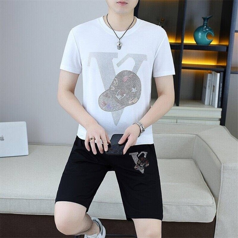 25325-P75冰丝套装男欧货时尚数码印花休闲短袖t恤两件套短裤一套,男装牛仔裤,电商D310B-1
