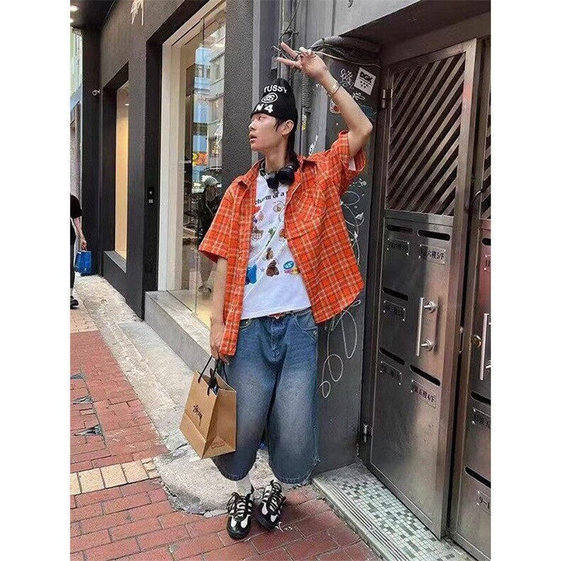 格子衬衫短袖男夏季情侣休闲衬衣美式cleanfit半袖WLCS2044-P38,男装T恤,星座1008