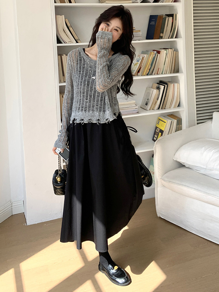 韩系复古小个子镂空毛衣+长款高腰连衣裙设计感小众百褶裙女,女装连衣裙,浙宝220