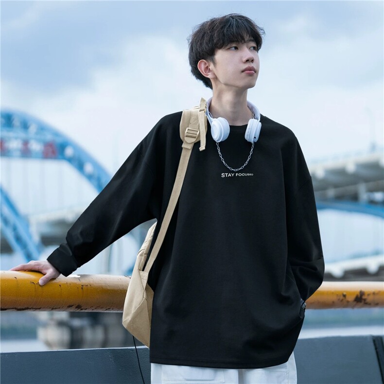 日系重磅硬挺t恤男生秋季穿搭高级感卫衣纯棉圆领美式内搭打底衫，男装T恤，星座506A