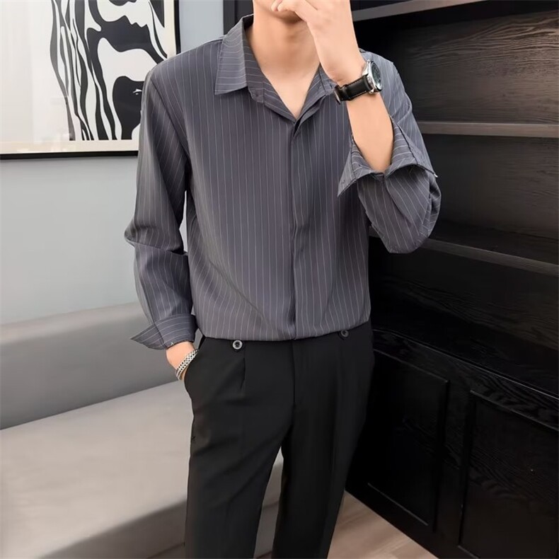 春秋长袖竖条纹衬衫男痞帅休闲青少年bf韩版日系雅痞衬衣T38,男装衬衫,星座1116A-2（原606A-1）
