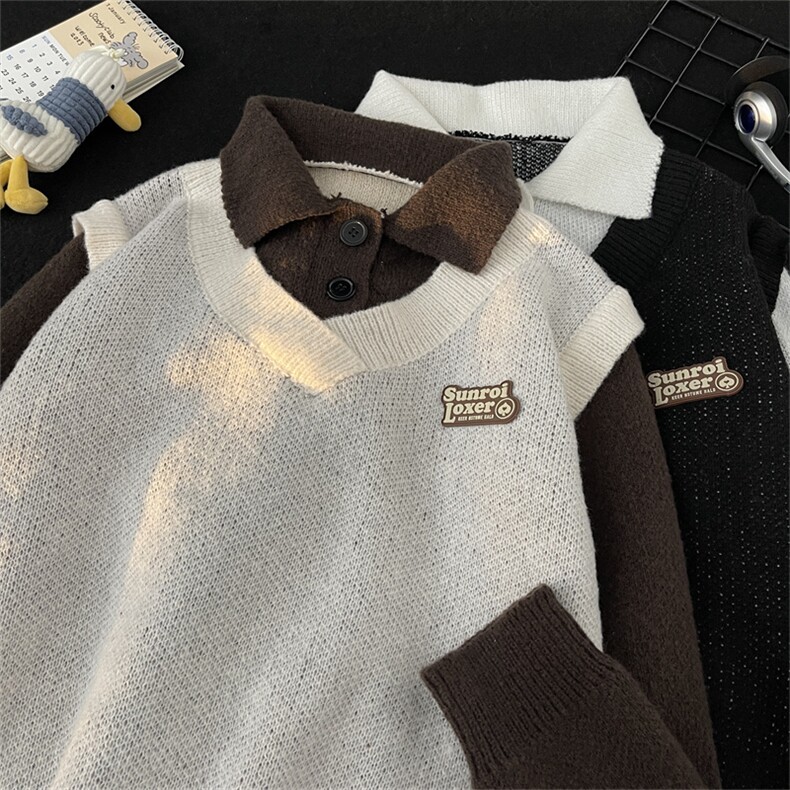 秋款男POLO领套头毛衣假两件针织衫拼色休闲外套M2245P55,男装针织衫/毛衣,星座1013-1