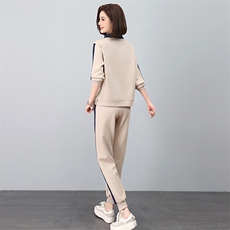 时尚休闲翻领绣花撞色套装显瘦百搭长袖运动服两件套，女装套装/套裙，依恋蒂丝