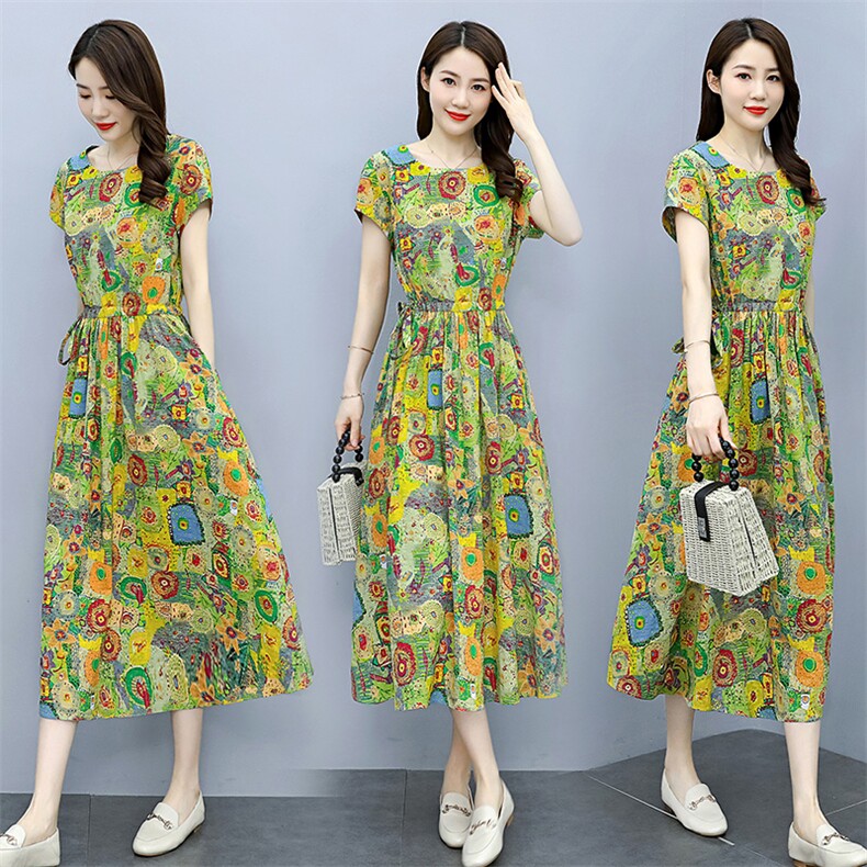 棉麻连衣裙女夏季2025新款韩版女装文艺碎花宽松收腰显瘦印花裙子，女装连衣裙，超帛