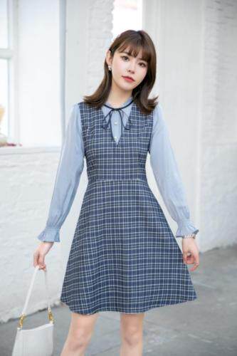 现货春季新款格子连衣裙,女装连衣裙,西子阁