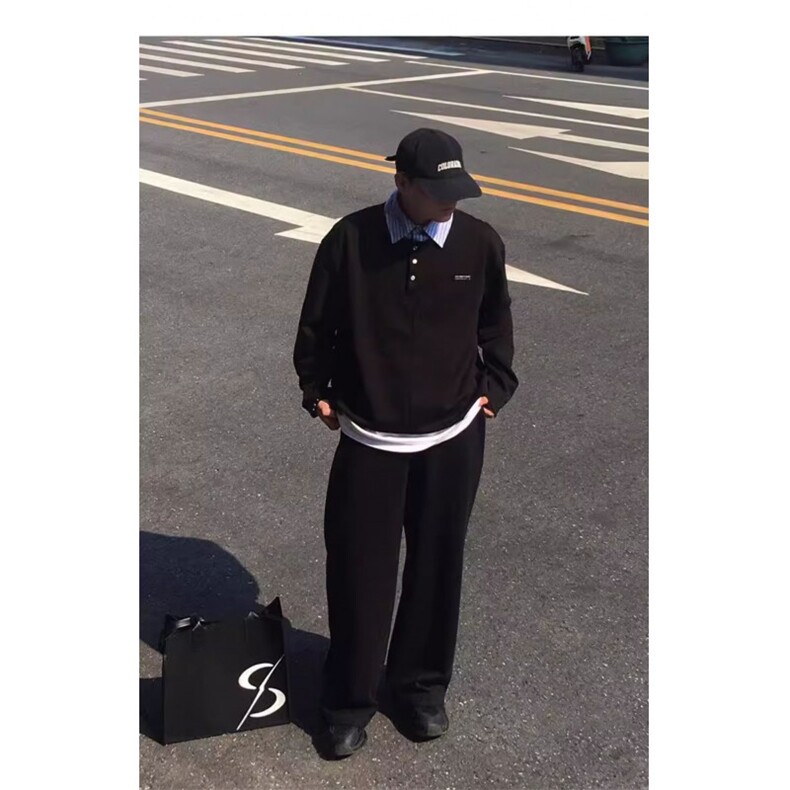 W10489-P40网图现货假两件条纹翻领拼接学院风长袖上衣Polo衫,男装Polo衫,星座1608