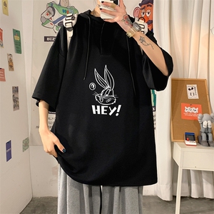 LD54179-P45 连帽短袖t恤男大码胖子带帽五分袖中袖 海报风图片