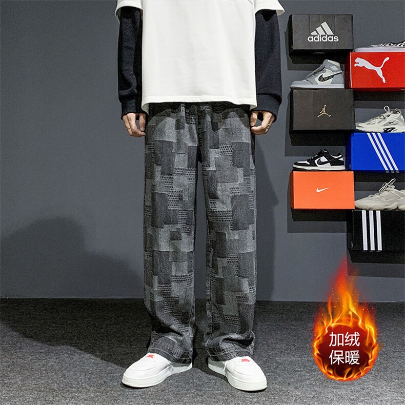 2023加绒加厚现货高街少年大码宽松直筒拖地裤K6960J-P65,男装牛仔裤,电商A042