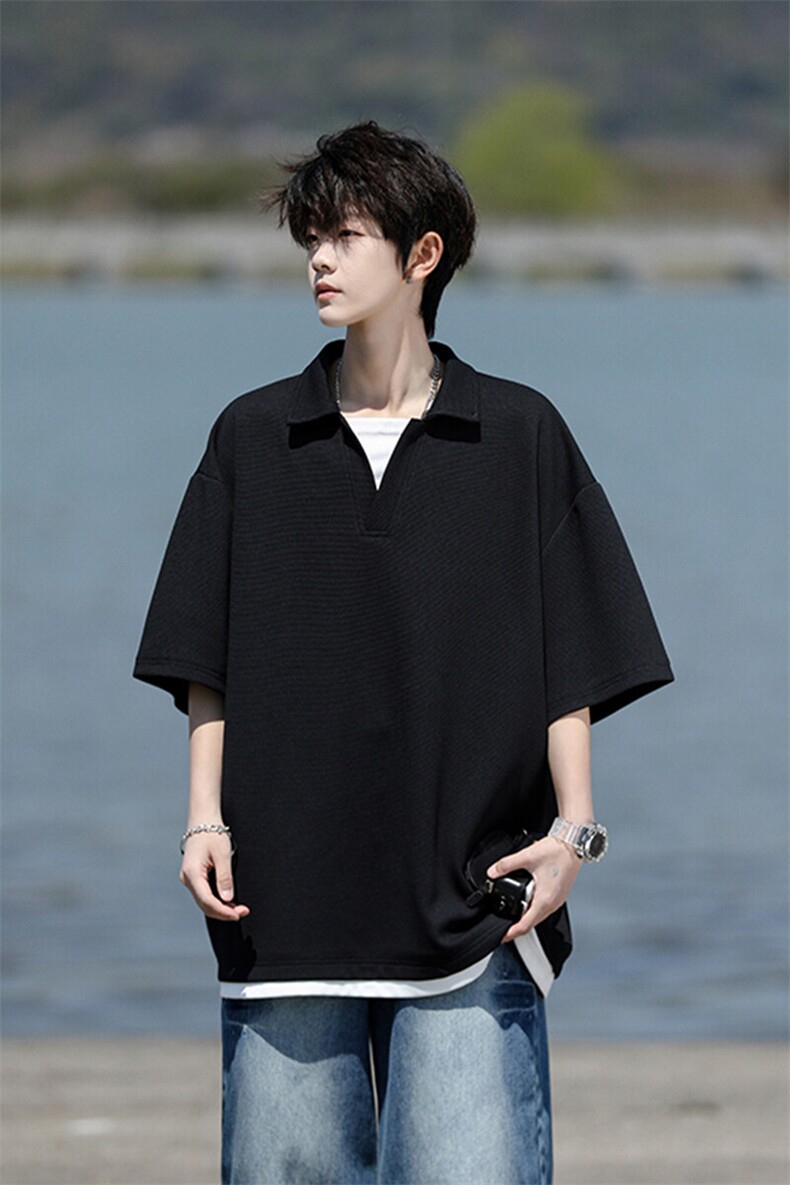 8XL-M假两件V领短袖t恤男夏翻领半袖宽松重磅华夫格大码DT001P40,男装T恤,电商B312