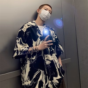 夏季男衬衫衬衣短袖宽松半袖潮流个性花色印花发型师中袖上衣C077图片