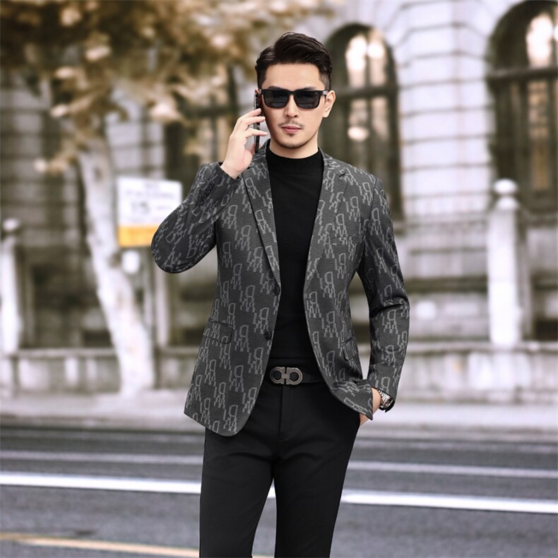 新款潮流时尚男士新款西装印花休闲商务西服男761P165，男装西服，电商D225