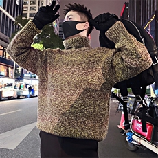 LV306/P98控138冬季慵懒可翻高领渐变复古针织衫套头毛衣深灰首1，男装针织衫/毛衣，星座305B
