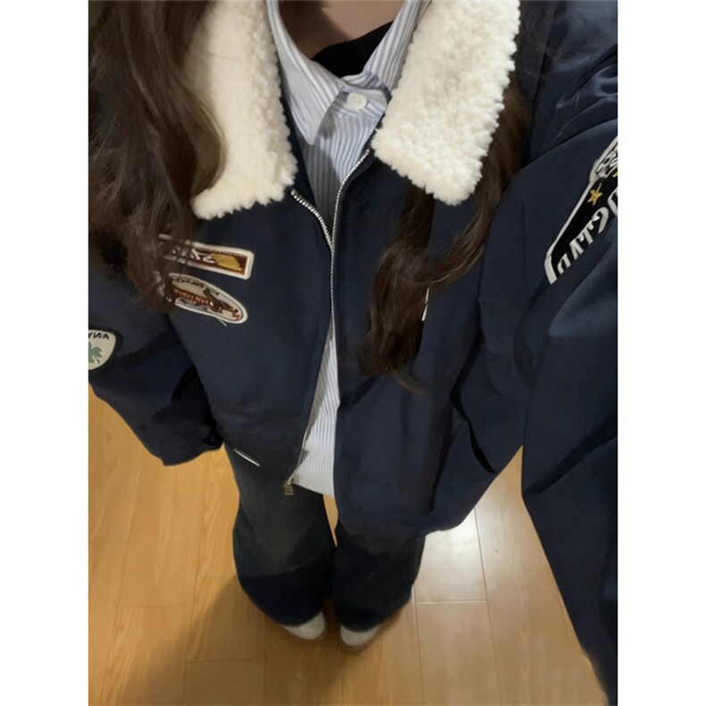 网络图现货美式潮牌羊羔绒翻领加绒加厚慵懒情侣棒球服JM801-P65,女装职业装,星座715-7