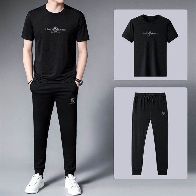 男装2022套装男冰丝薄款夏装POLO衫免烫衣服中老年短袖长裤三件套,男装休闲套装,电商B212（原钱塘6029）