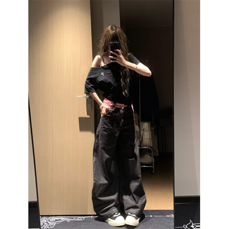 CP1215-P55美式粉格拼接廓形弯刀牛仔裤女2025设计感宽松阔腿裤,男装牛仔裤,电商B323A
