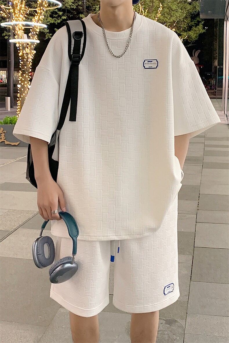 特批P50无差价纹理感华夫格宽松两件套休闲运动短袖短裤套装TZ019,男装休闲套装,电商A001