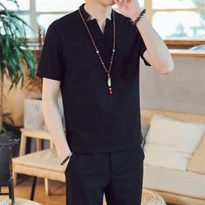 DY21*夏季2021男士棉麻短袖T恤套装长裤两件套装男 藏青 *P55图片