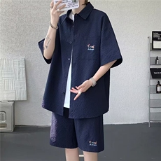 藏青色休闲衬衫短袖套装男2025夏季泡泡纱短裤穿搭帅气搭配一整套，男装休闲套装，星座506A