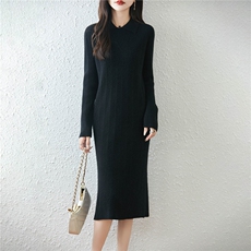 2025年秋季休闲风中长款长袖圆领连衣裙休闲，女装连衣裙，绒汀羊绒