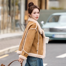 皮毛一体短外套女2025年秋冬新款韩版百搭时尚立领加厚毛绒机车服，女装羊羔毛/颗粒绒，拾衣