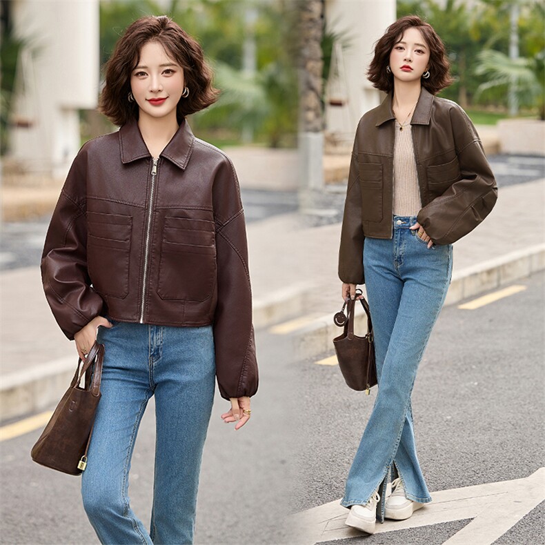 气质翻领短款外套上衣百搭气质开衫复古夹克上衣女，女装皮衣，跑量工厂店