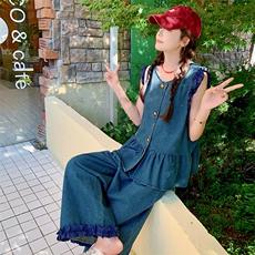 深蓝色气质牛仔上衣直筒裤两件套女2025夏季新款高腰减龄显瘦套装，女装套装/套裙，浙宝276（原081）