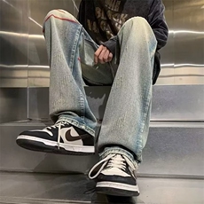 1033-P44春季潮直脚长裤牛仔裤纽扣男宽松直筒时尚水洗简约，男装牛仔裤，电商B323A