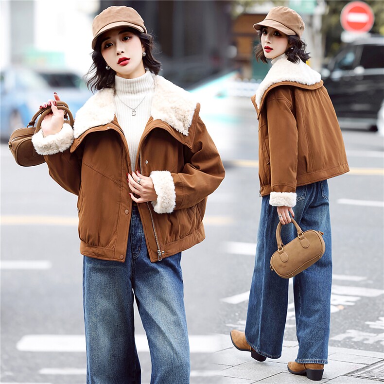 新标90白鸭绒羽绒短款外套女2025冬装韩版撞色拼接皮毛娃娃领图片