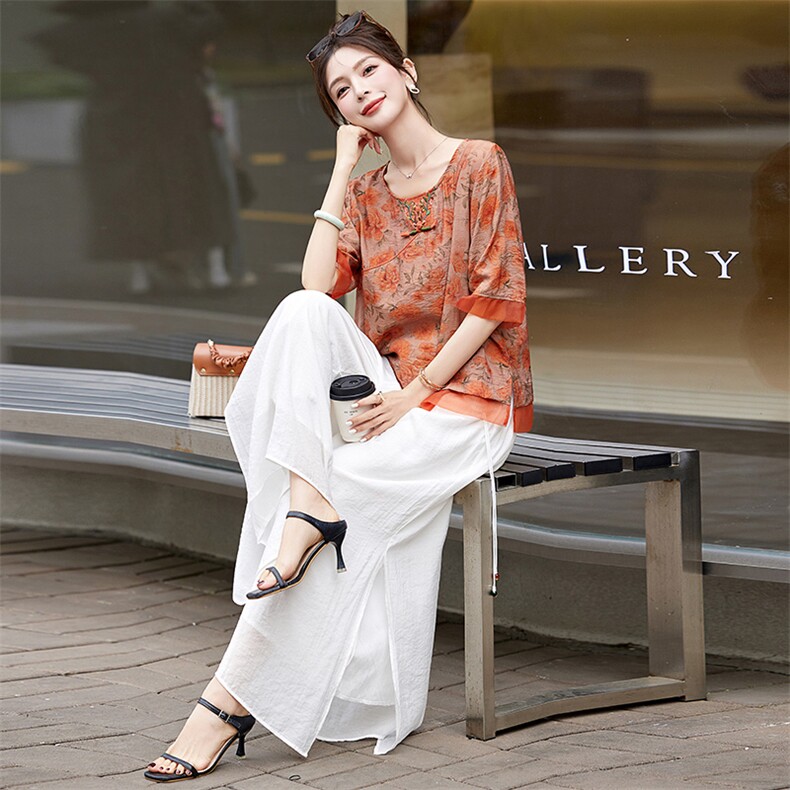 现货新中式套装女2024夏季新款优雅风范复古盘扣印花刺绣两件,女装套装/套裙,涵墨