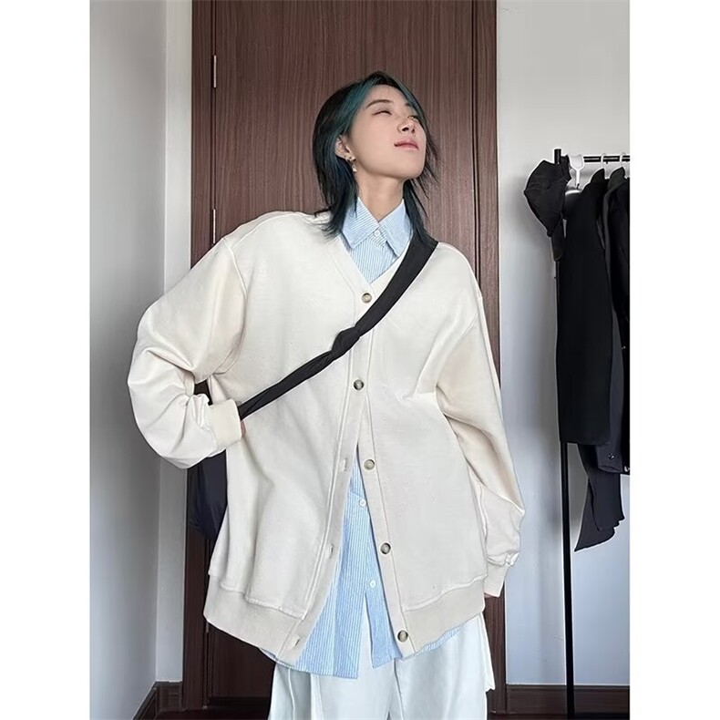 日系假两件开衫卫衣男女藏蓝色春秋基础款衬衫情侣长袖针织衫外套，男装针织衫/毛衣，星座601-1