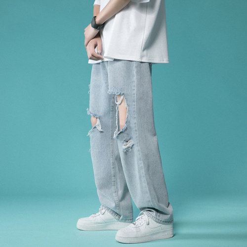 港风牛仔裤男中性风破洞牛仔裤宽松直筒九分DS-C407-N904-P40,男装牛仔裤,电商C323-1