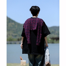 8XL-M潮情侣美式拼接打结格子假两件短袖宽松纯棉T恤男DX338，男装T恤，电商D206-1