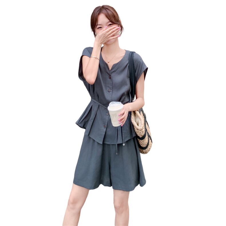 灰色韩系松弛感系带收腰衬衫套装女2025夏季休闲显瘦阔腿裤两件套,女装套装/套裙,2C166
