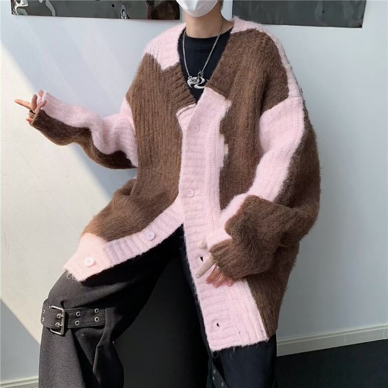 秋冬复古潮牌高街慵懒风宽松休闲拼色开衫毛衣男女v领外套上衣潮,男装针织衫/毛衣,星座813-2
